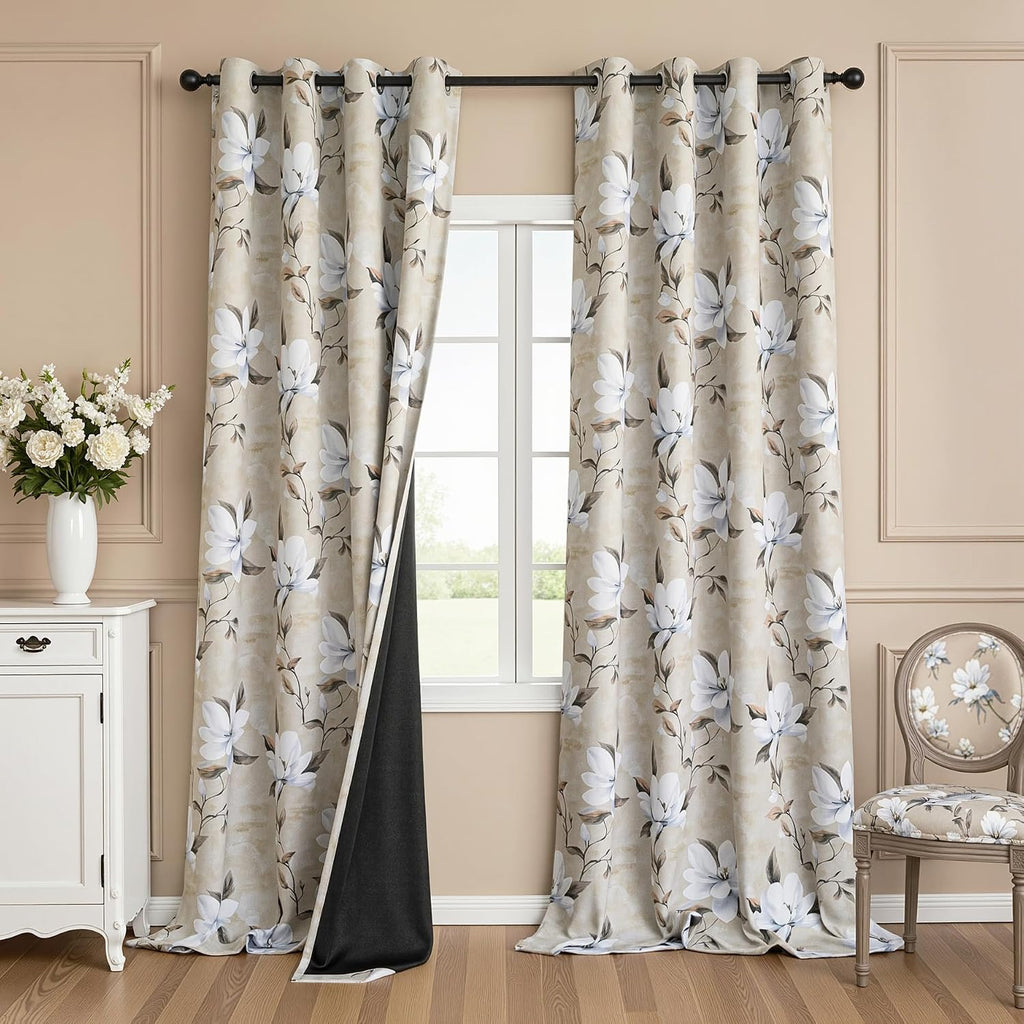 Myskyhome MYSKY HOME 95% Floral Boho Blackout Long Curtains 96 Inches Long 2 Panels - Thermal Insulated Light Blocking Drapes Spring White…