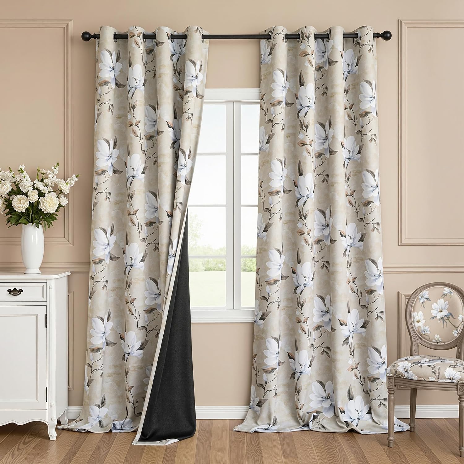 Myskyhome MYSKY HOME 95% Floral Boho Blackout Long Curtains 96 Inches Long 2 Panels - Thermal Insulated Light Blocking Drapes Spring White…