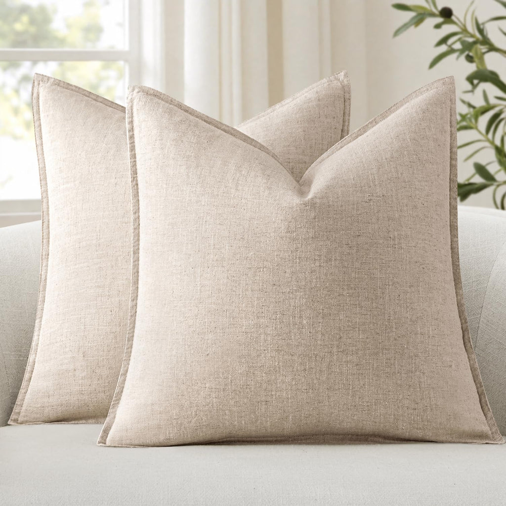 Anroduo Pack of 2 Decorative Linen Pillow Covers Natural Beige Neutral Farmhouse Boho Soild Cushion Case Soft Accent Pillowcase for Couch S…