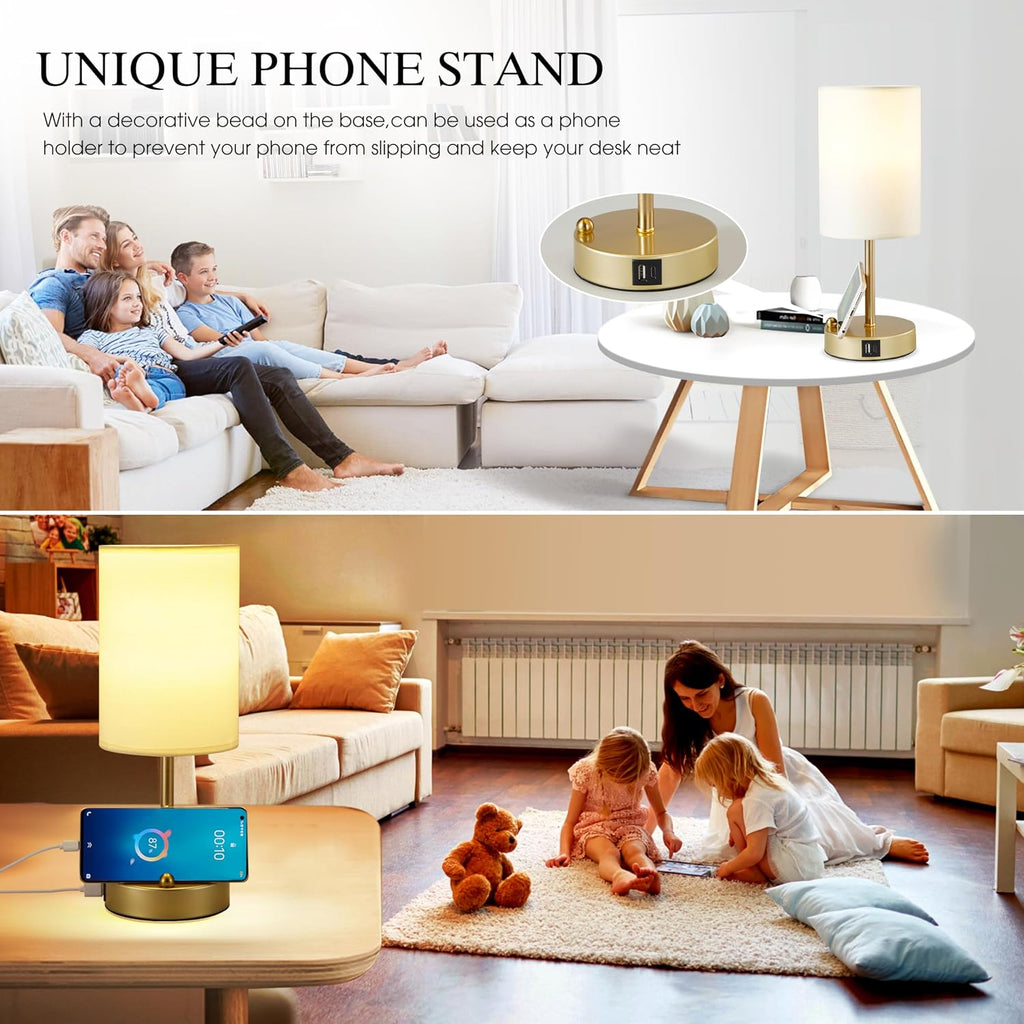 Briever Touch Control Table Lamp for Bedroom, 3-Way Dimmable Nightstand Lamp with USB Charging Ports, Bedside Desk Lamp with Gold Phone…