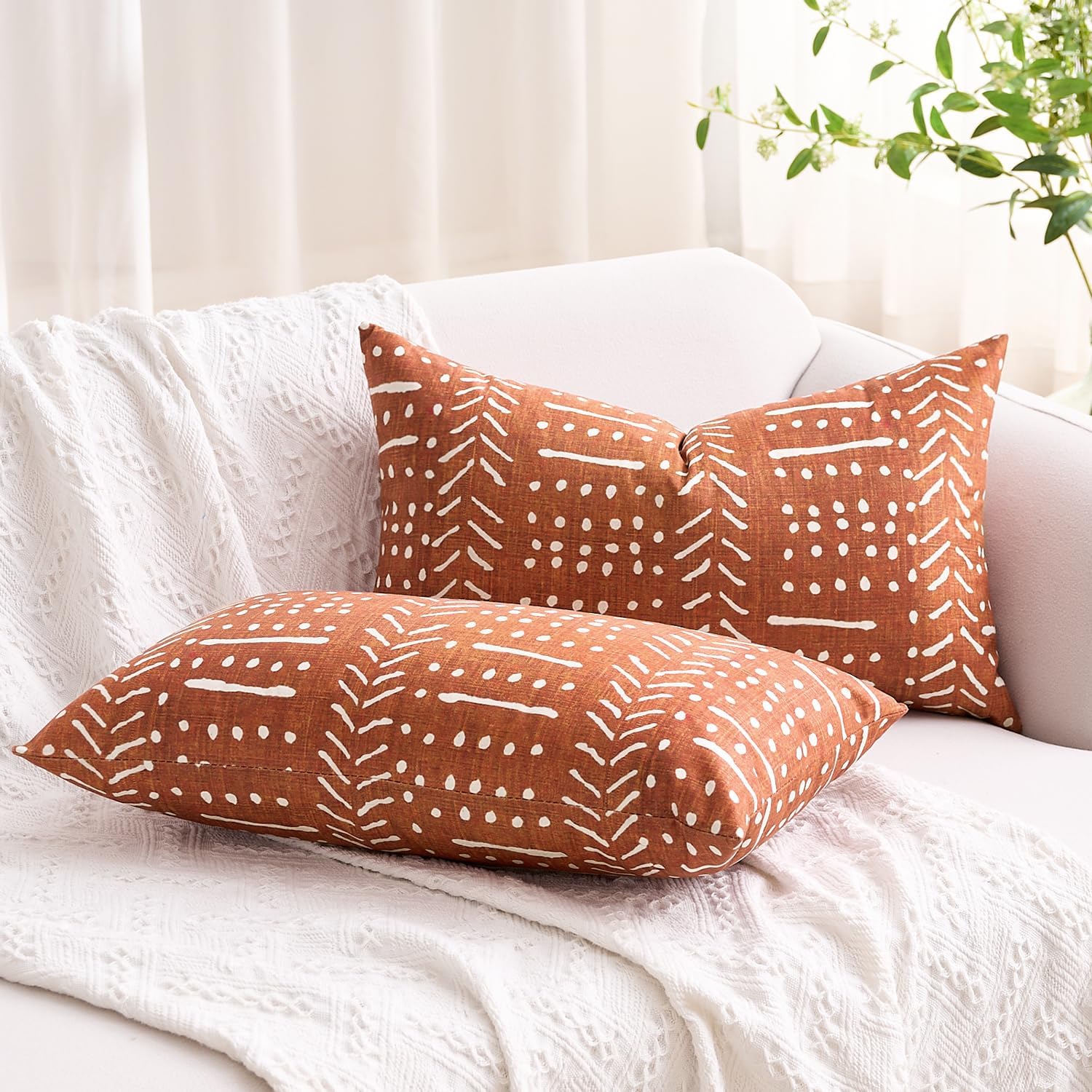 BONSTRAP Decorative Throw Pillow Covers Brick Red Farmhouse Lumbar Cushion Covers Boho Rectangular 12X20 Stripe Burnt Orange Pillowc…