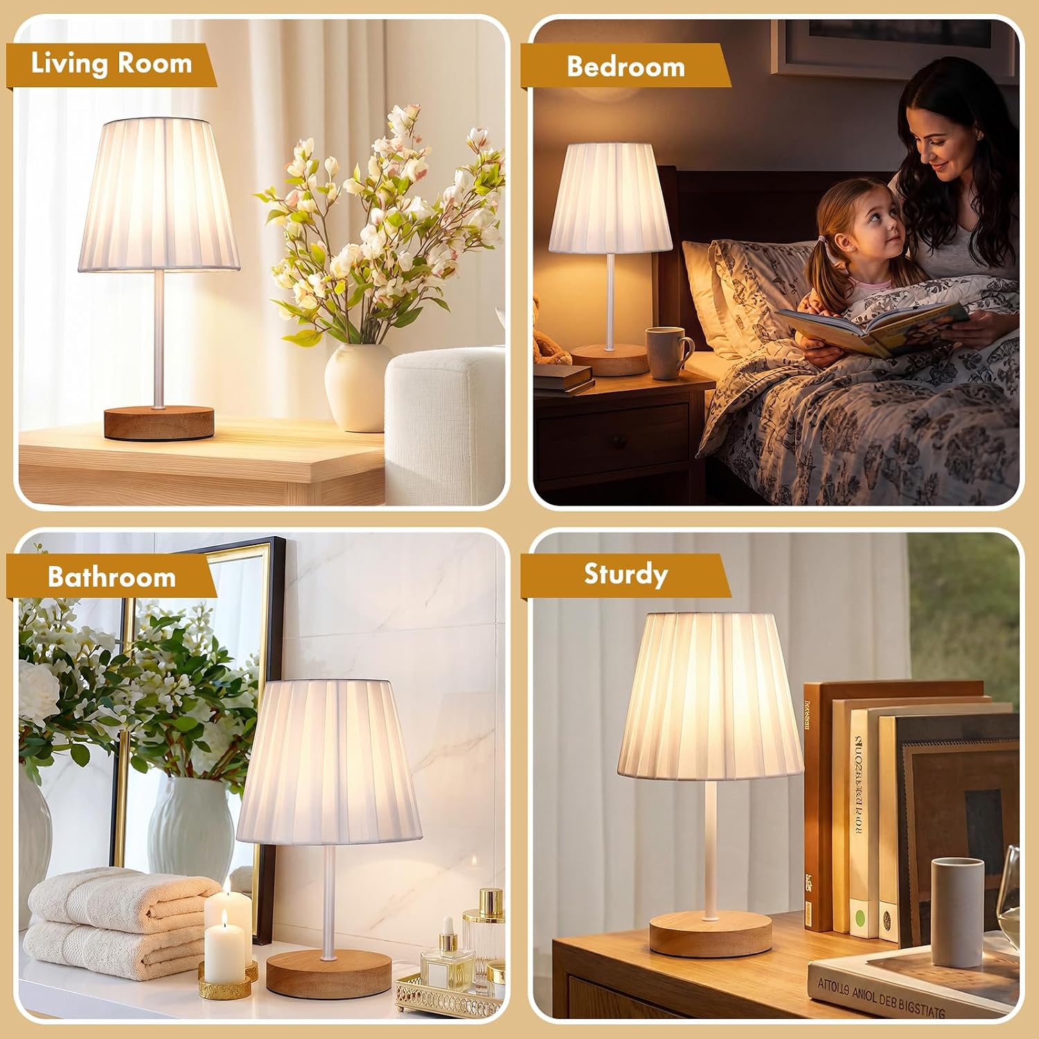 Gerrii 4 Pack Small Bedroom Table Lamp with USB Powered, Bedside Pleated Lamps for Nightstand Metal Base & Fabric Shade Warm Eye-comfort…
