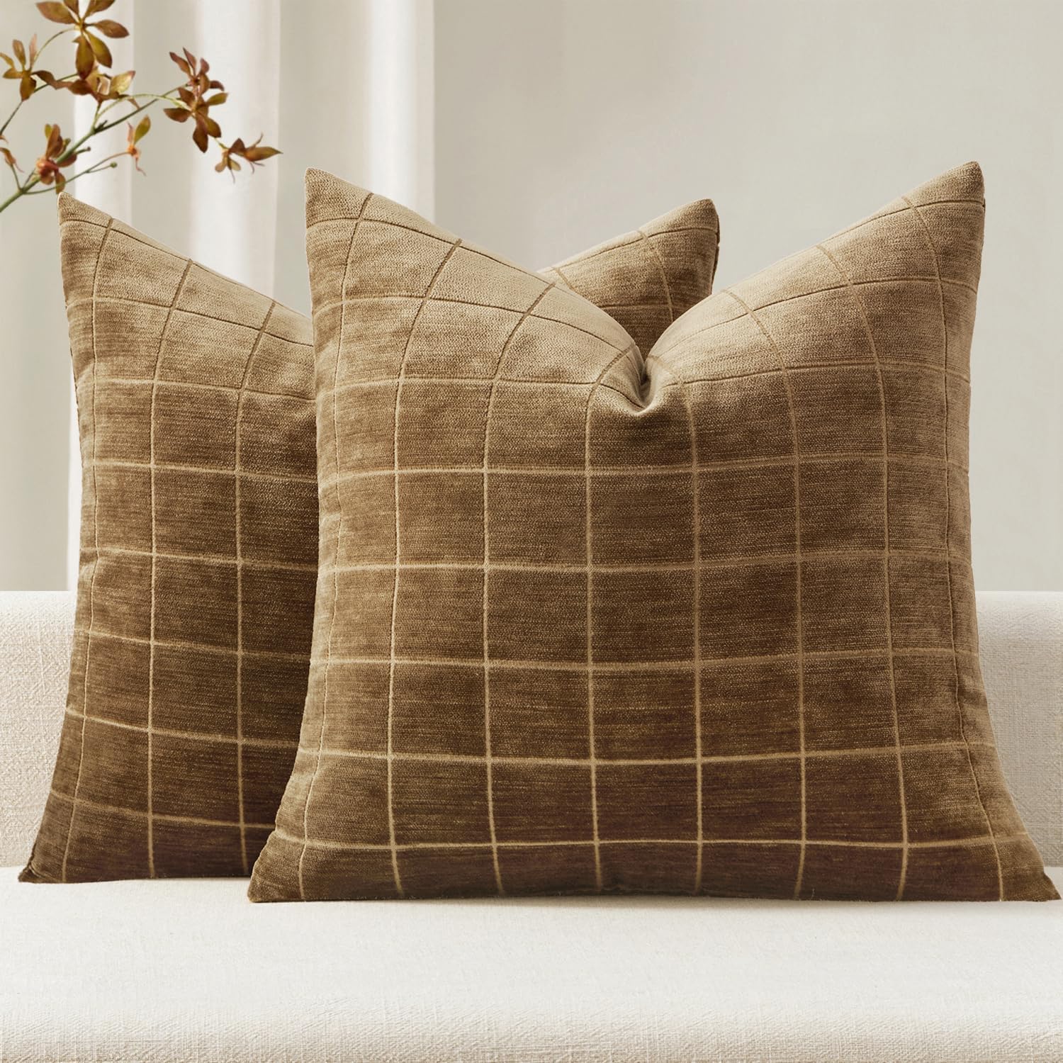 Miulee Decorative Chenille Check Throw Pillow Covers Vintage Plaid Couch Pillows 22x22 Inch Set of 2 Neutral Boho Farmhouse Cushion Covers…