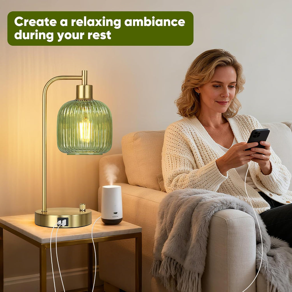 QiMH Industrial Table Lamp for Bedroom Set of 2, Green Glass Beside Lamp with USB A&C Ports, Stepless Dimmable Gold Lamps, Nightstand…