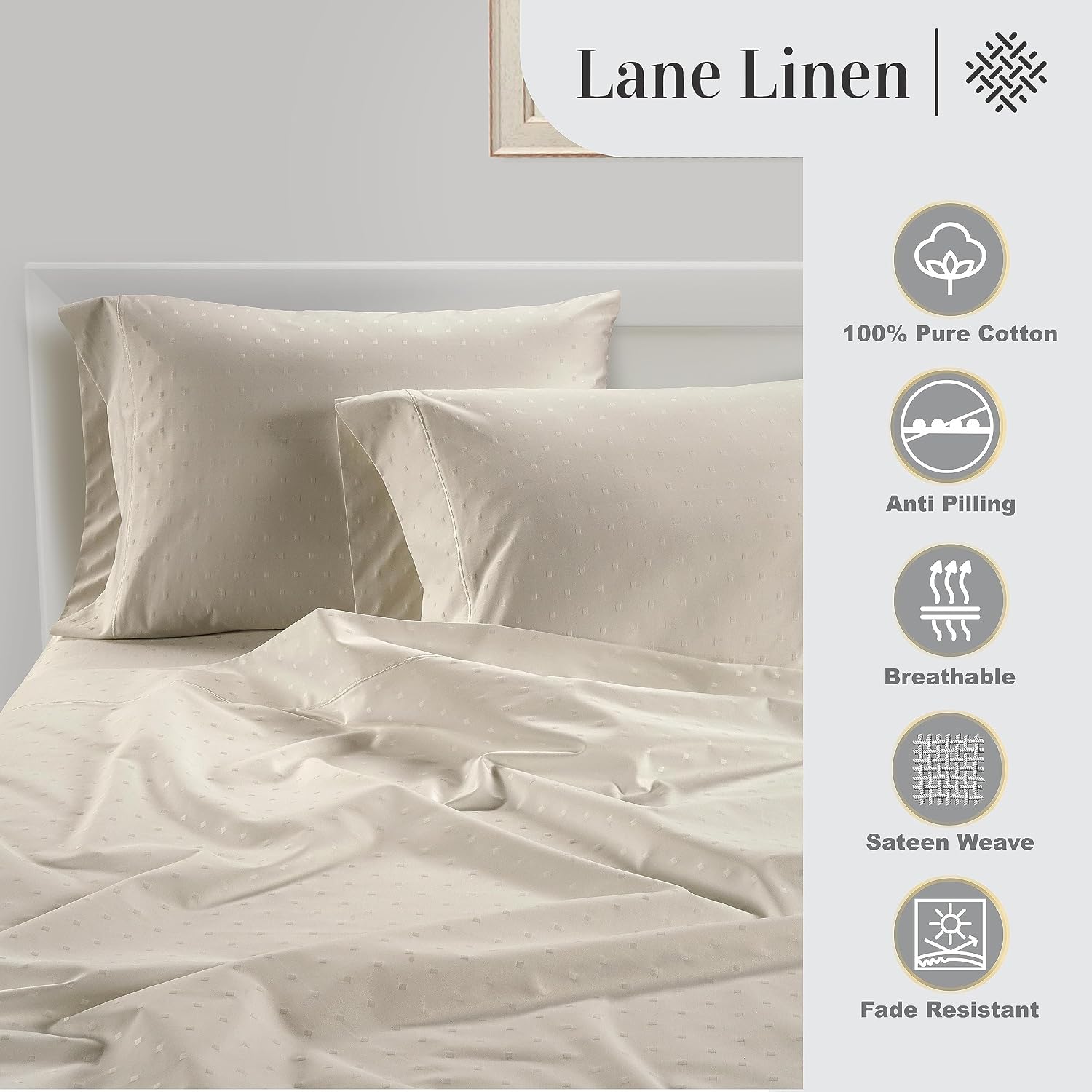 LaneLinen LANE LINEN Pillow Case Covers King, Set of 2, 100% Egyptian Cotton Sateen, Soft Cool & Smooth Pillow Cases - Swiss Dot - Ivory Co…