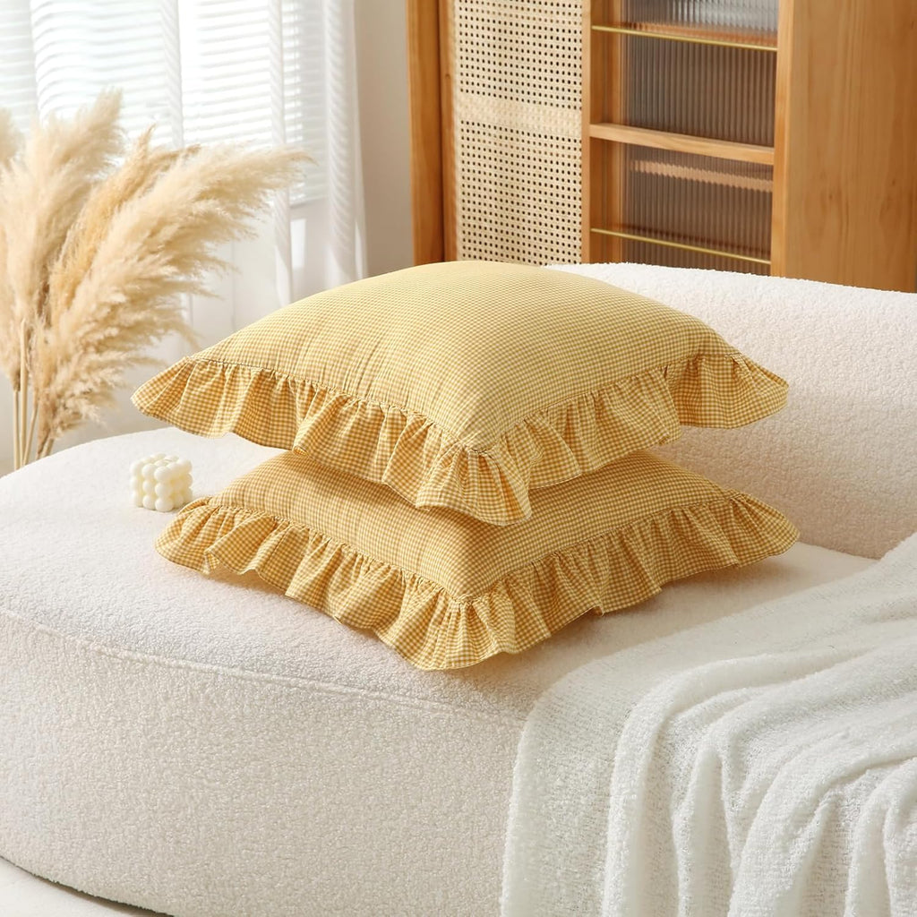 Jilboo 2 Pack 18 x18 inches Yellow/White Checkered Throw Pillow Covers 100% Washed Cotton Vintage Ruffle Trim Decorative Gingham Pillowcase…