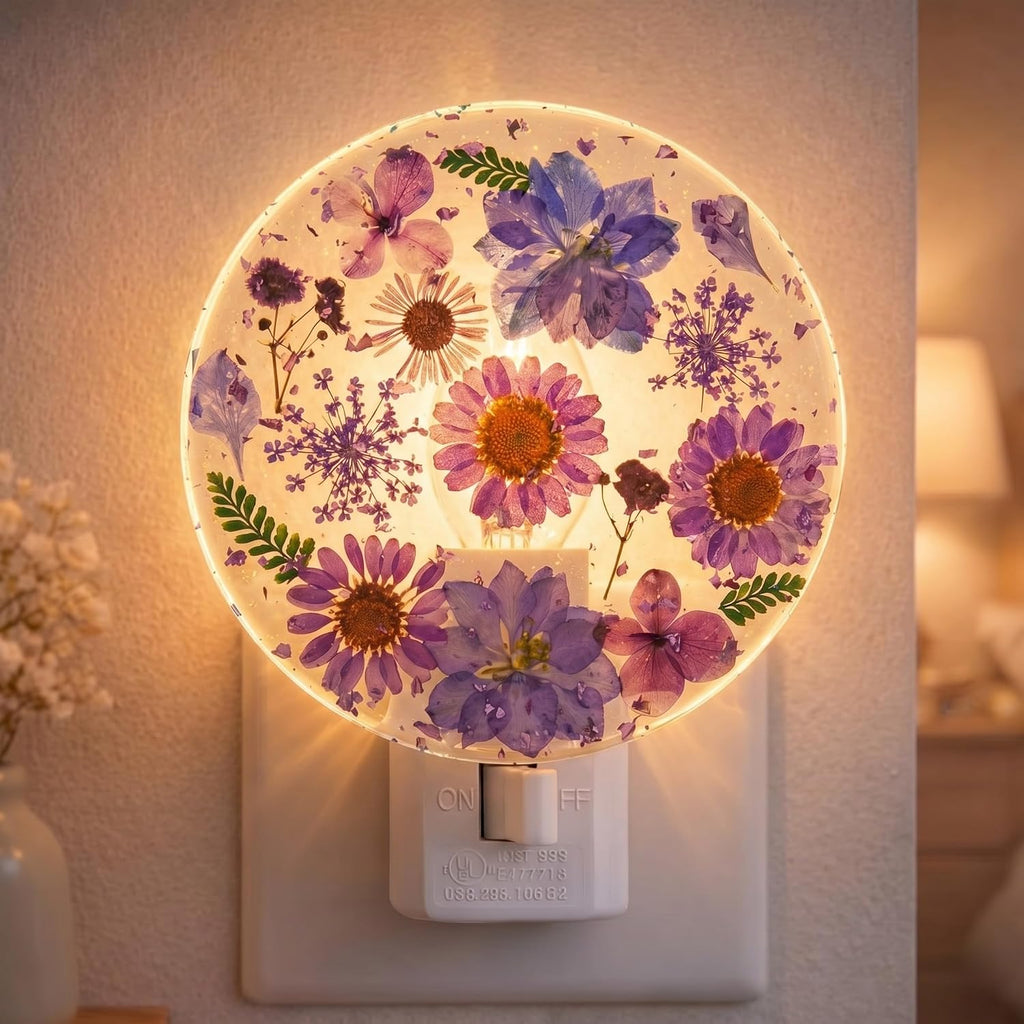 Glooglitter Pressed Flower Night Light Plug in - Handmade Dried Floral Wall Night Light, Soft Glow Decorative Nightlight for Hallway Bedroo…