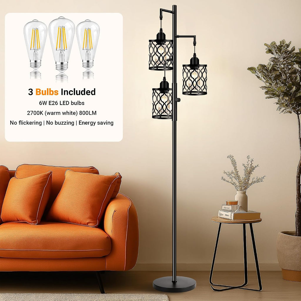 ROTTOGOON Dimmable Farmhouse Floor Lamp, Industrial Floor Lamp for Living Room with 3 X 6W LED Bulbs, 3 Light Rustic Standing Tall Lamp…