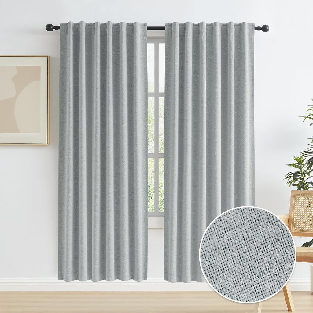 Keqiaosuocai Linen Blackout Curtains 72 Inch Long, Back Tab Rod Pocket Hook Belt, Pair of Energy Smart & Noise Blocking Out Privacy Drapes…