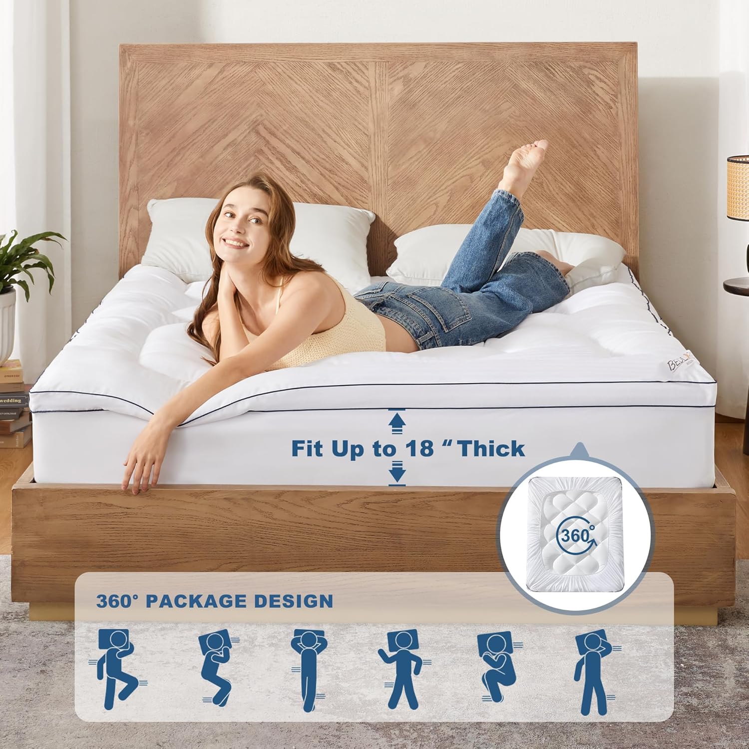 Bedlore King Mattress Topper, Thick Pillow Top Pad for Back, Cooling Soft Mattress Cover with Deep Pockets 6-18 inch 18 inch White