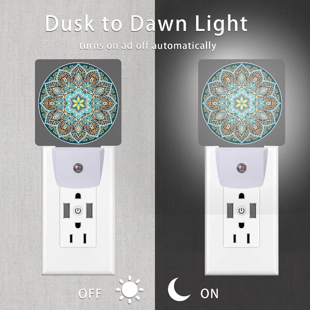 Mandala Floral Night Light, Yellow and Brown Ethnic Style Plug-in Night Lights with Dusk-to-Dawn Sensor for Stairway/Hallway/Bedroom Sleep…