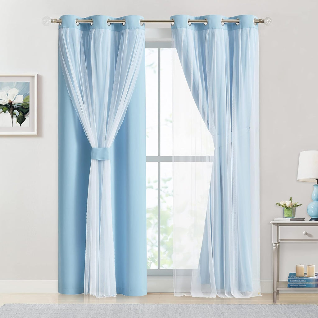 Bujasso Sky Blue 80% Blackout Curtains with Sheer Overlay Mix and Match Double Layer Thermal Insulated Window Panels 63 inch for Living Roo…