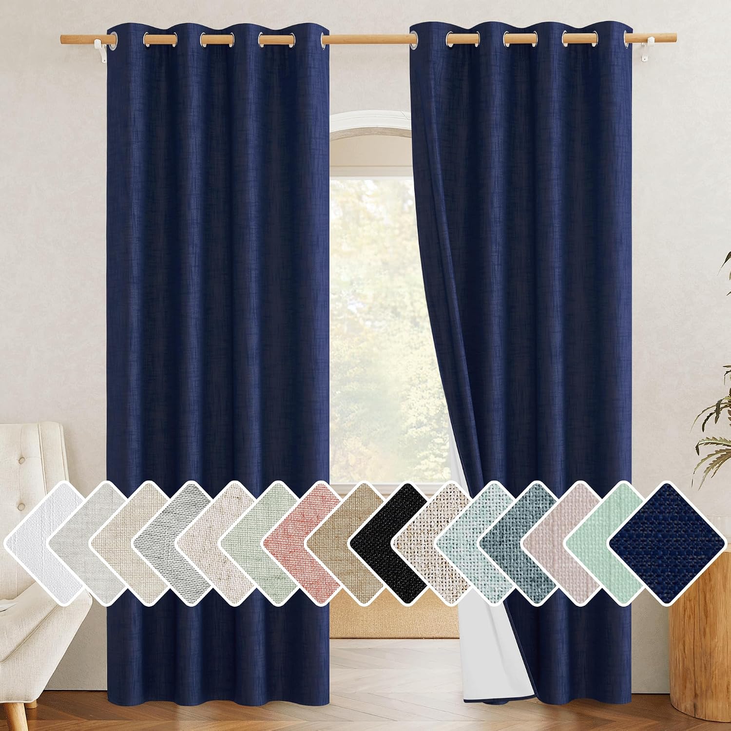 NICETOWN 100% Absolutely Blackout Linen Curtains with Thermal Insulated White Liner, Dark Blue, 52" Wide, 2 Pieces, Privacy Vertical…