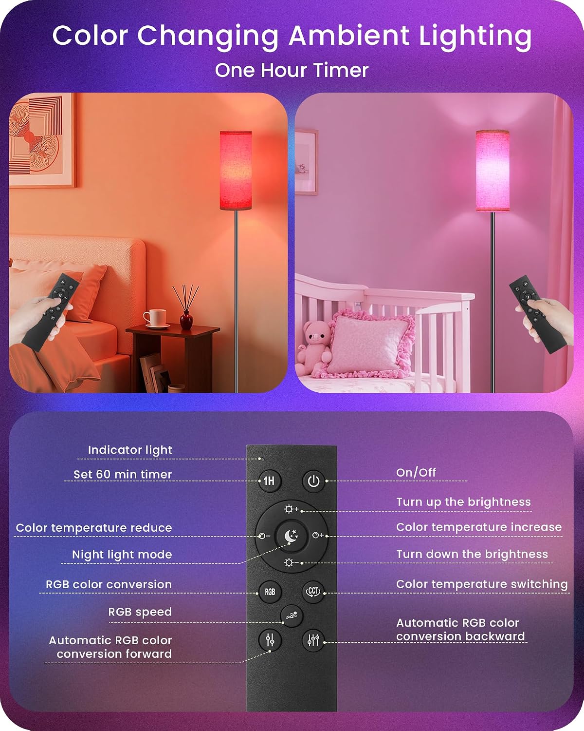 Dimmable Floor Lamp for Living Room with RGB Colors, Color Changing Ambient Lighting, Corner Standing Lamp for Bedroom - Remote, Foot…