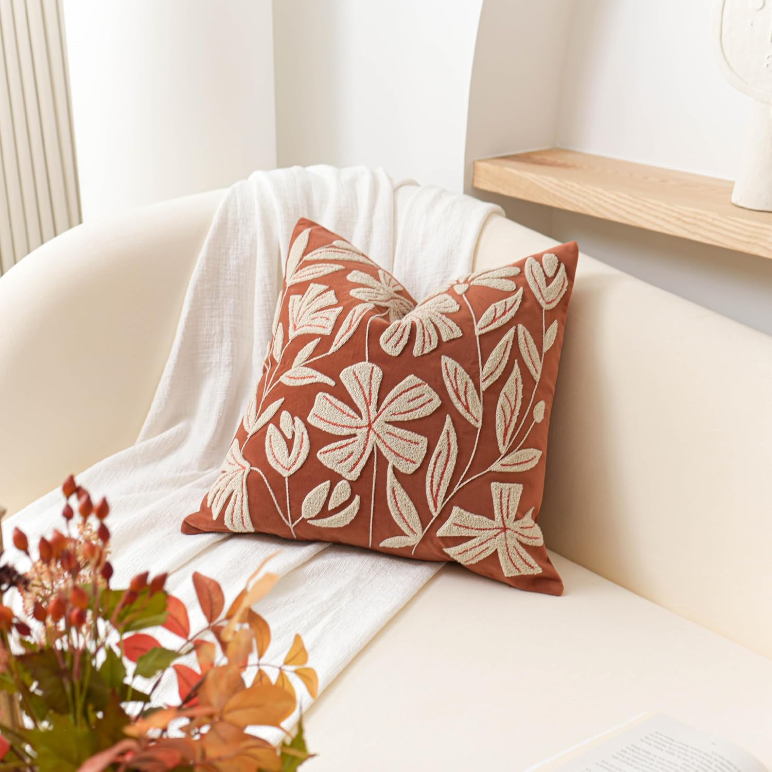 BlissBlush 20x20 Throw Pillow Cover, Brick Red Square Decorative Cushion Cover for Couch Sofa, Floral Tufted Embroidered Velvet Farmhouse…