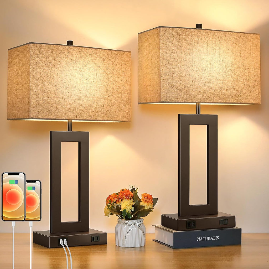 Tobusa Set of 2 Touch Control Table Lamps with 2 USB Ports&AC Outlet, 3-Way Dimmable Modern Nightstand Lamp Sets, Brown Bedside Desk Lamps…