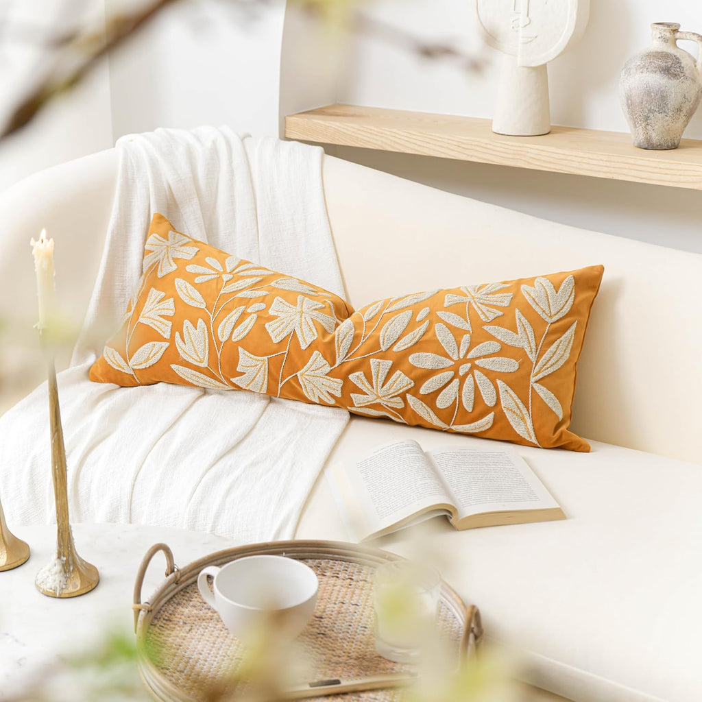 BlissBlush 14x36 Lumbar Pillow Cover for Bed, Yellow Mustard Rectangular Long Throw Pillowcase, Embroidered Velvet Floral Tufted…