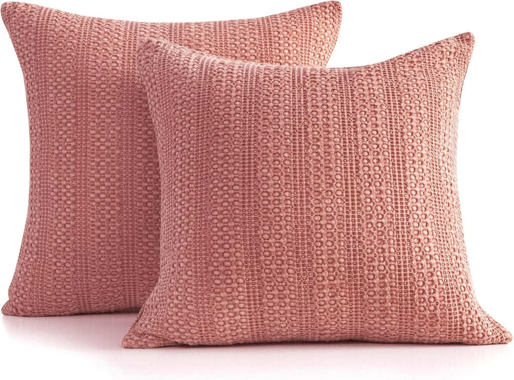 Cocoploceus 18x18 Throw Pillow Covers Set of 2 Boho Decorative Pillow Shams Stone Washed Cotton Pillowcase Waffle Square for Couch Sofa Cha…
