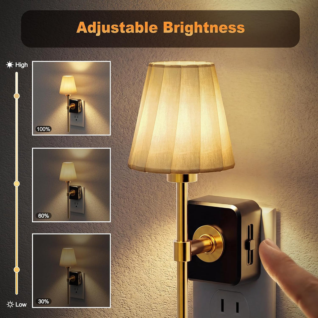 JandCase Night Lights Plug into Wall, Vintage Nightlight with Dusk to Dawn Sensor, 0-100LM Dimmable, Pleated Fabric Beige Lamp for Living…