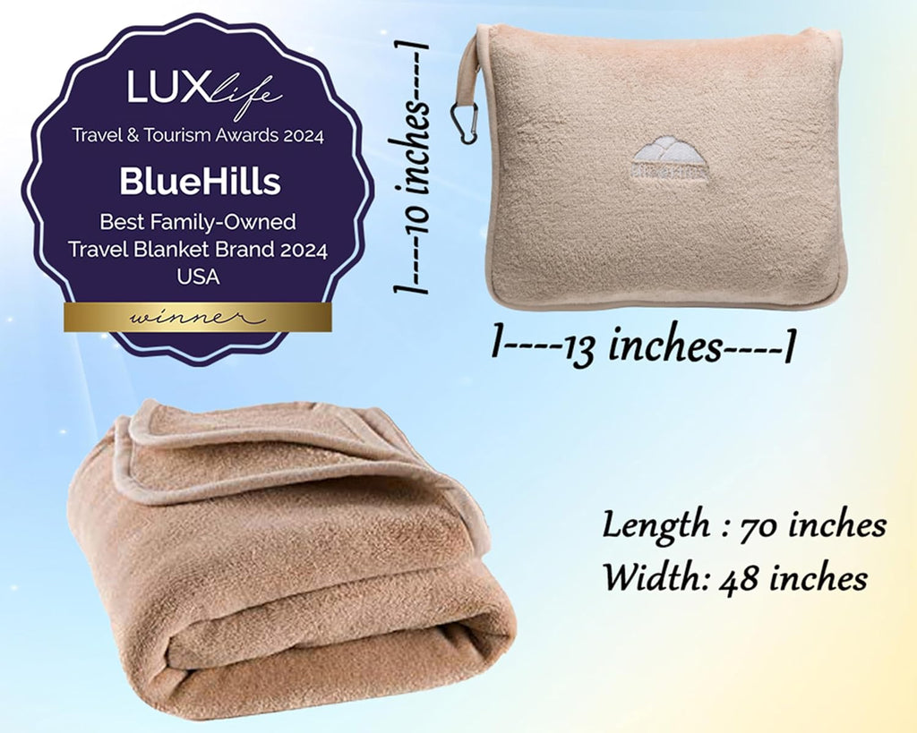 BlueHills Premium Soft Tall Travel Blanket Pillow for Airplane Traveling Essentials Long Flight Trip Throw in Bag case with Backpack Clip…