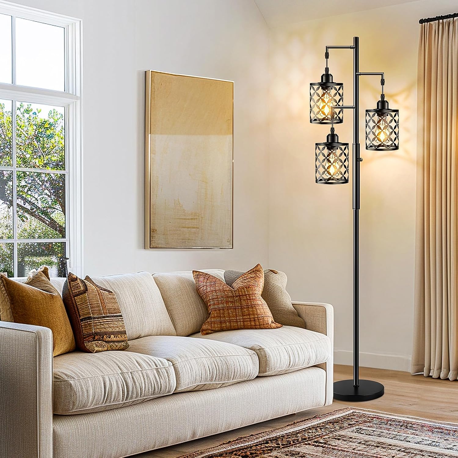 Dimmable Floor Lamp, Farmhouse Standing Lamp with Elegant Metal Cage, Industrial Tall Tree Floor Lamps for Living Room, Bedroom, Study…