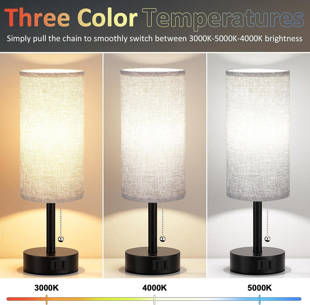 Fenmzee Grey Bedside Table Lamps Set of 2-3 Color Temperatures Pull Chain Lamp with AC Outlet Charging Port, Round Night Stand Lamps for…