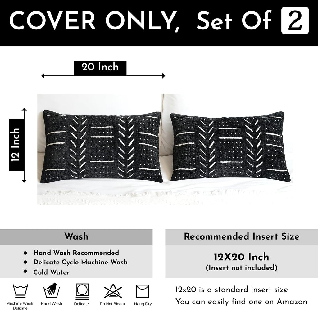 BlissBlush Black Decorative Lumbar Throw Pillow Covers 12X20, Set of 2, Boho Farmhouse Cushion Cover, Soft Accent Pillowcase for Couch…