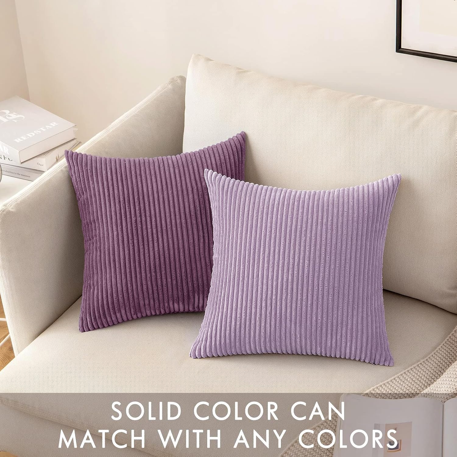 Miulee Pack of 2 Corduroy Pillow Covers Soft Solid Cushion Cases Decorative Boho Square Throw Pillow Covers Lavender Neutral Pillowcases fo…