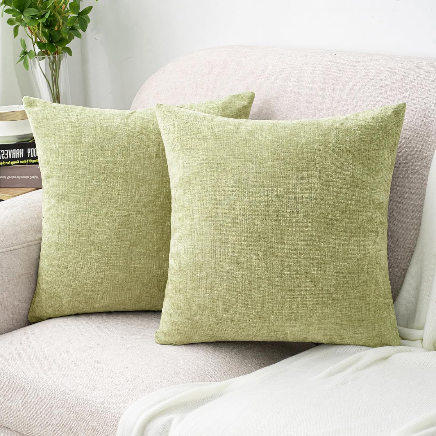 Hwy50 HWY 50 Spring Sage Green Throw Pillow Covers 16x16 Inch Pack of 2, Soft Chenille Decorative Cushion Cases for Couch Sofa Bed Living R…