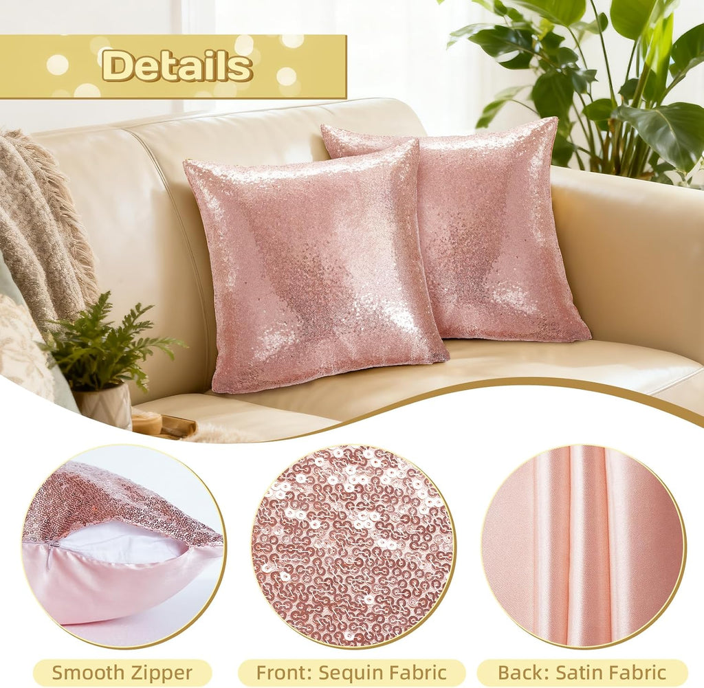 Eternal Beauty Set of 2 Sequin Pillow Cases Decorative Rose Gold Pillow Covers for Couch Sofa Throw Pillows 18 X 18 Inches