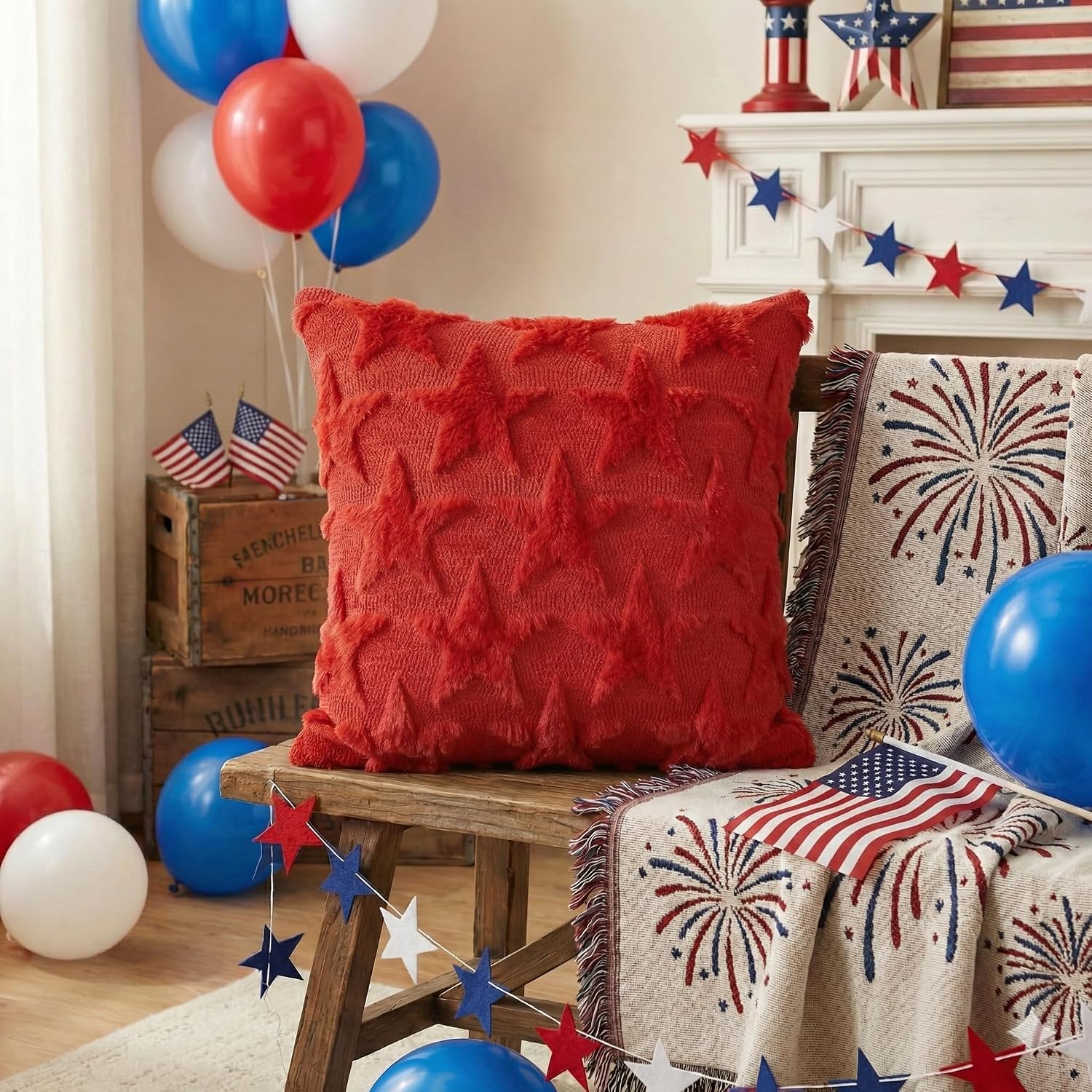 AVOIN colorlife 4th of July Stars Red Patriotic Throw Pillow Covers, 20 x 20 Inch Independence Memorial Day Soft Plush Faux Fur Jacquard…