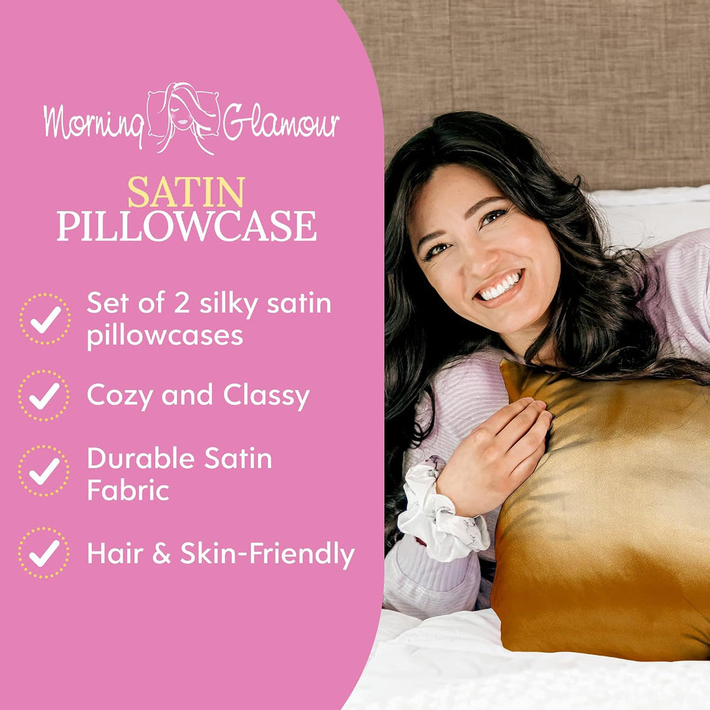 MorningGlamour Morning Glamour Satin Pillowcases for Hair & Skin, Similar to Silk, Standard/Queen Size Set of 2, Cooling Pillow Case with E…