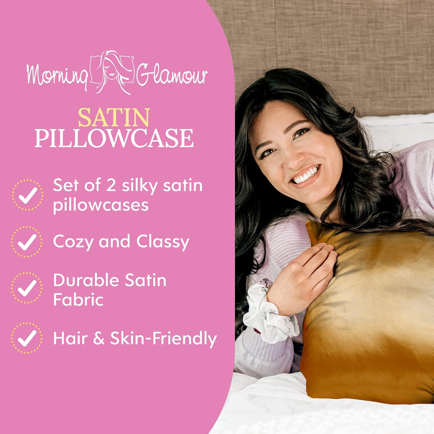 MorningGlamour Morning Glamour Satin Pillowcases for Hair & Skin, Similar to Silk, Standard/Queen Size Set of 2, Cooling Pillow Case with E…