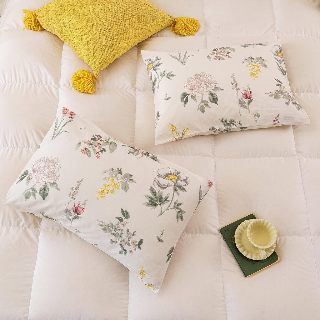 ECOCOTT Floral Pillowcases Queen Size Set of 2, 100% Washed Cotton Pillow Cases with Envelope Closure, Vintage Botanical Flower Printed…