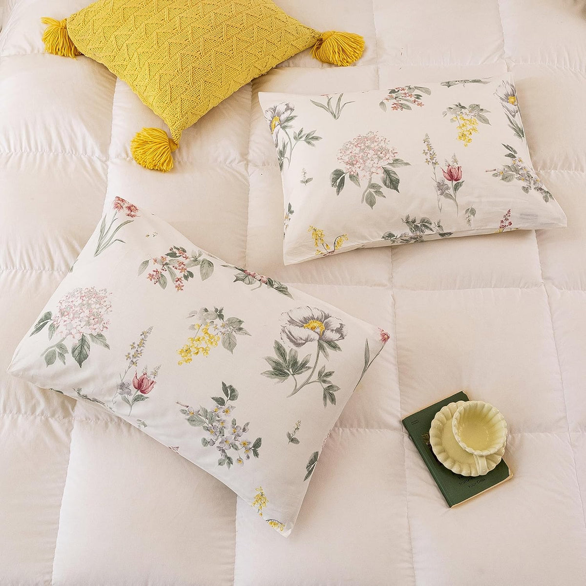 ECOCOTT Floral Pillowcases Queen Size Set of 2, 100% Washed Cotton Pillow Cases with Envelope Closure, Vintage Botanical Flower Printed…
