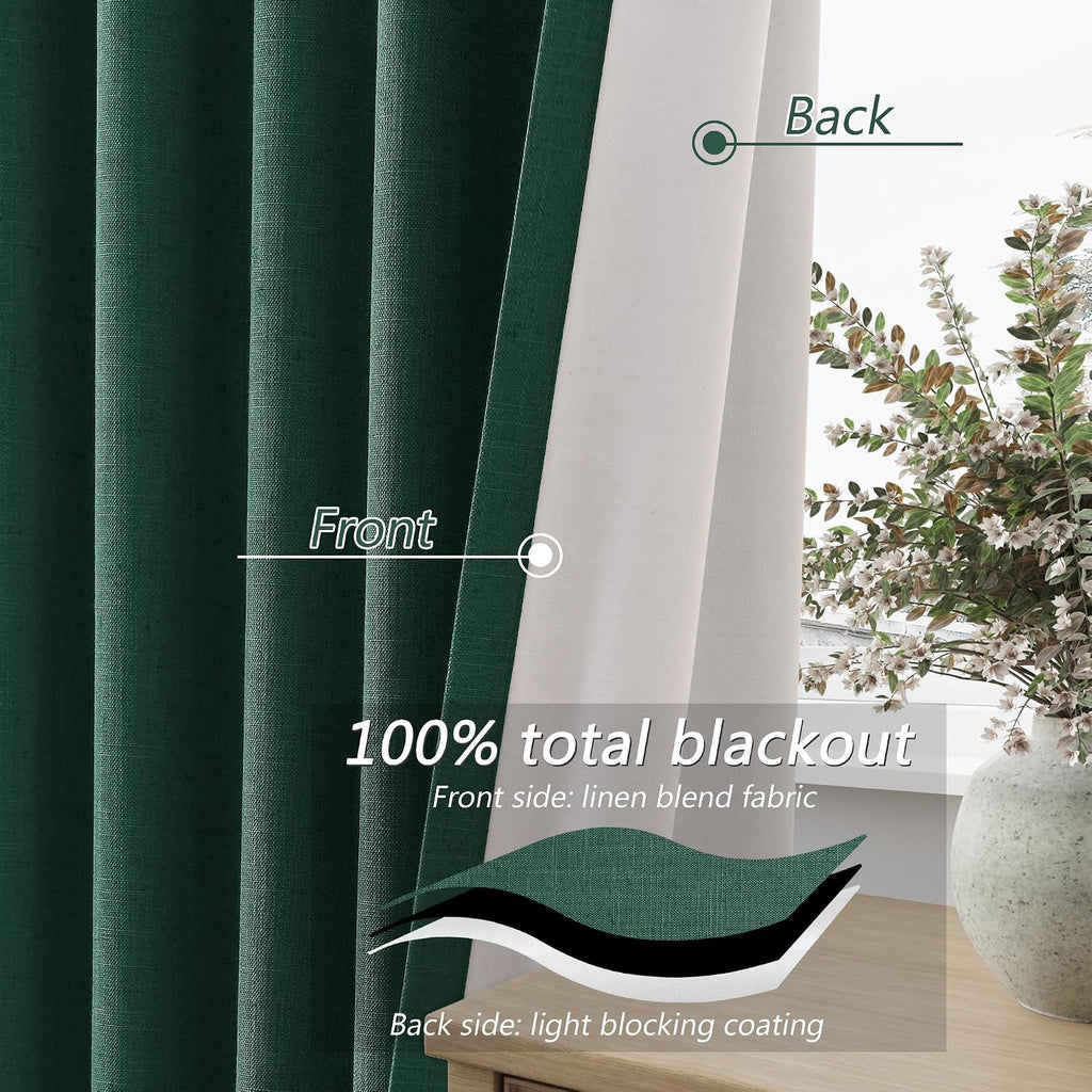 Guken Dark Green 100% Blackout Curtains 96 Inch Length 2 Panels Set for Living Room Bedroom Back Tab Thermal Insulated Black Out Linen Drap…