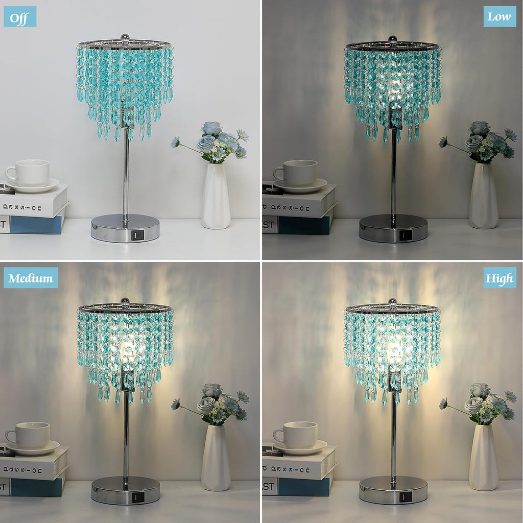 Touch Control Crystal Table Lamp, Dual USB Bedside Lamps for Bedroom, 3-Way Dimmable Nightstand Lamp with Elegant Teal Shade for Living…