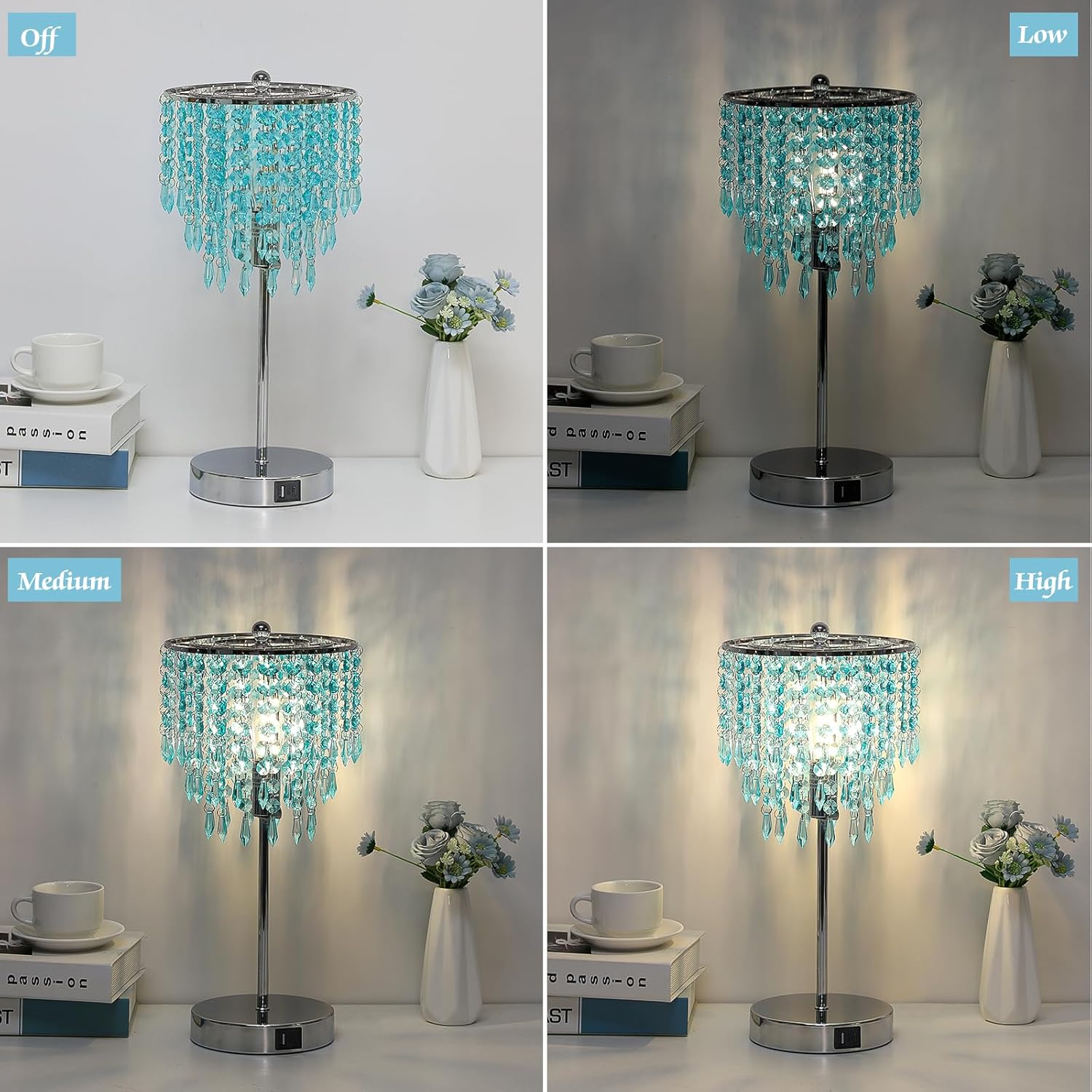 Touch Control Crystal Table Lamp, Dual USB Bedside Lamps for Bedroom, 3-Way Dimmable Nightstand Lamp with Elegant Teal Shade for Living…