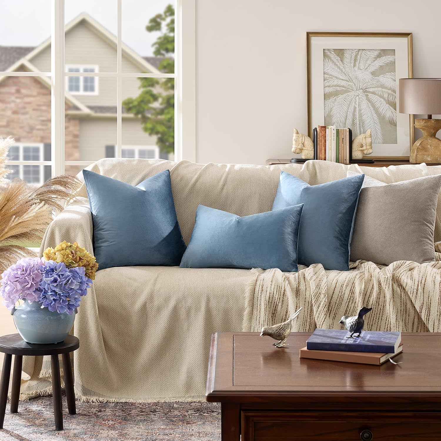 GIGIZAZAFocusingonhomedecoration GIGIZAZA Decorative Throw Pillow Covers 26x26, Set of 2 Stone Blue Square Couch Pillow Covers, Velvet Sofa B…