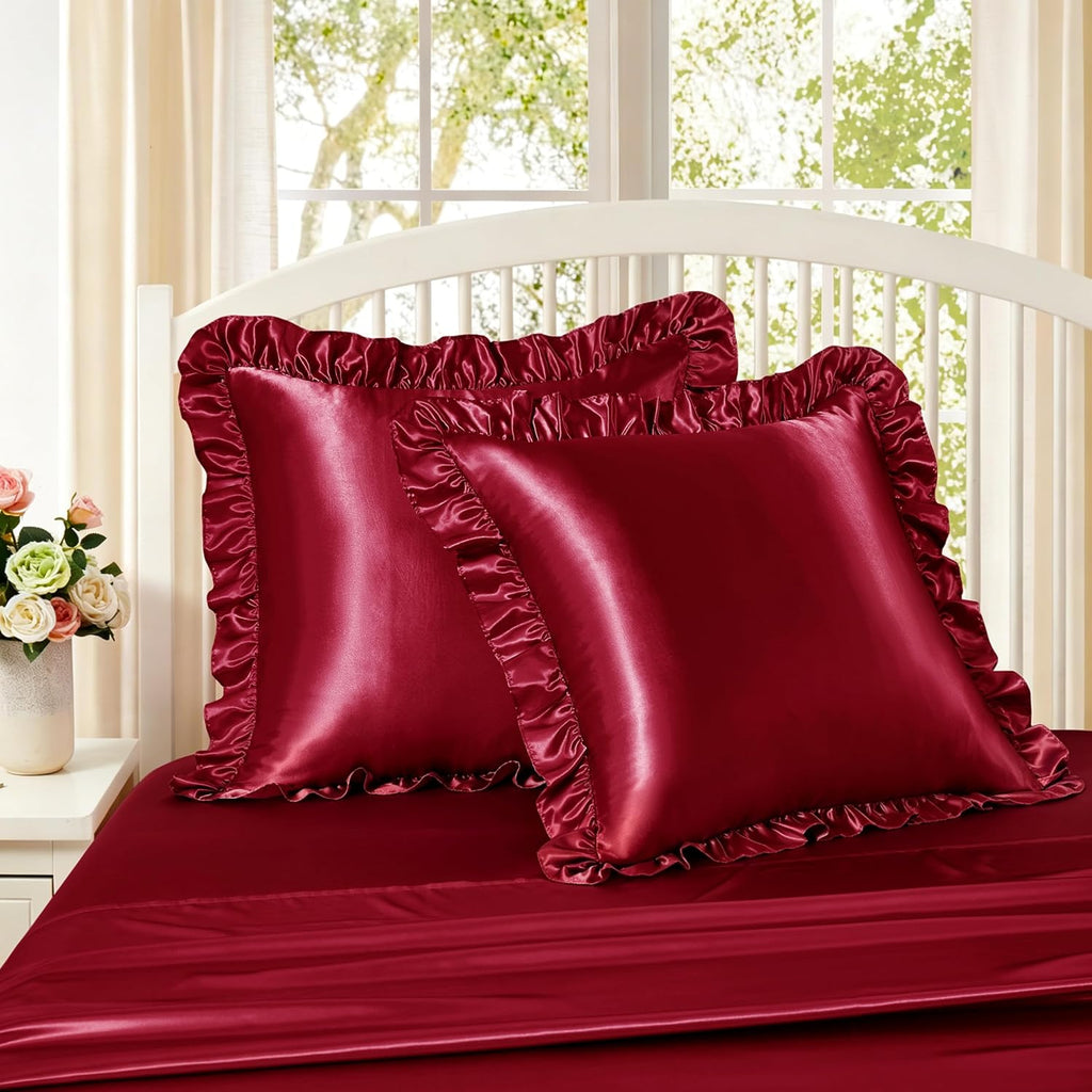 Homiest Ruffle Euro Sham Covers 26x26 Inch Set of 2, Burgundy Satin Pillow Shams with 3 Inch Wide Decorative Ruffled, European Square…
