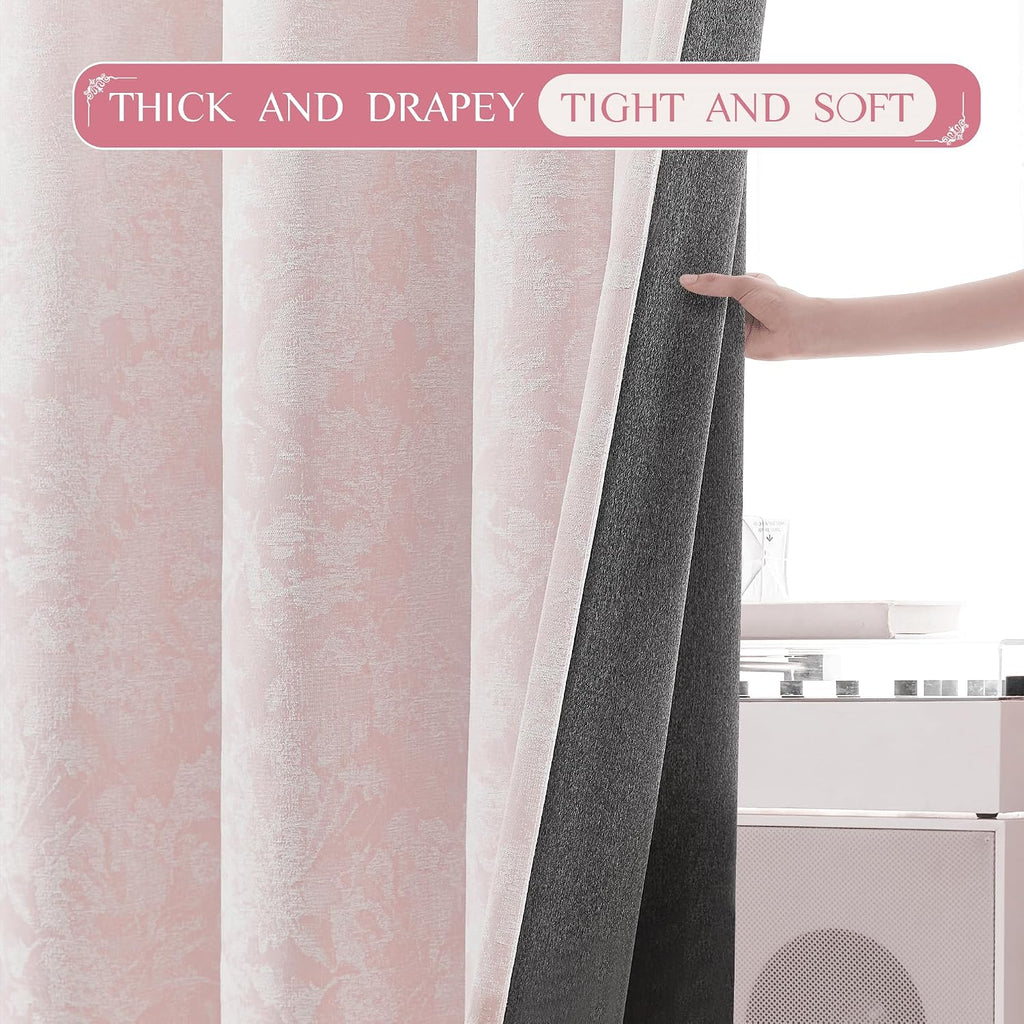 Beauoop Pink Floral Jacquard Blackout Curtains 72 Inches Long 2 Panels for Girls Bedroom Living Room Chenille Flower Room Darkening…