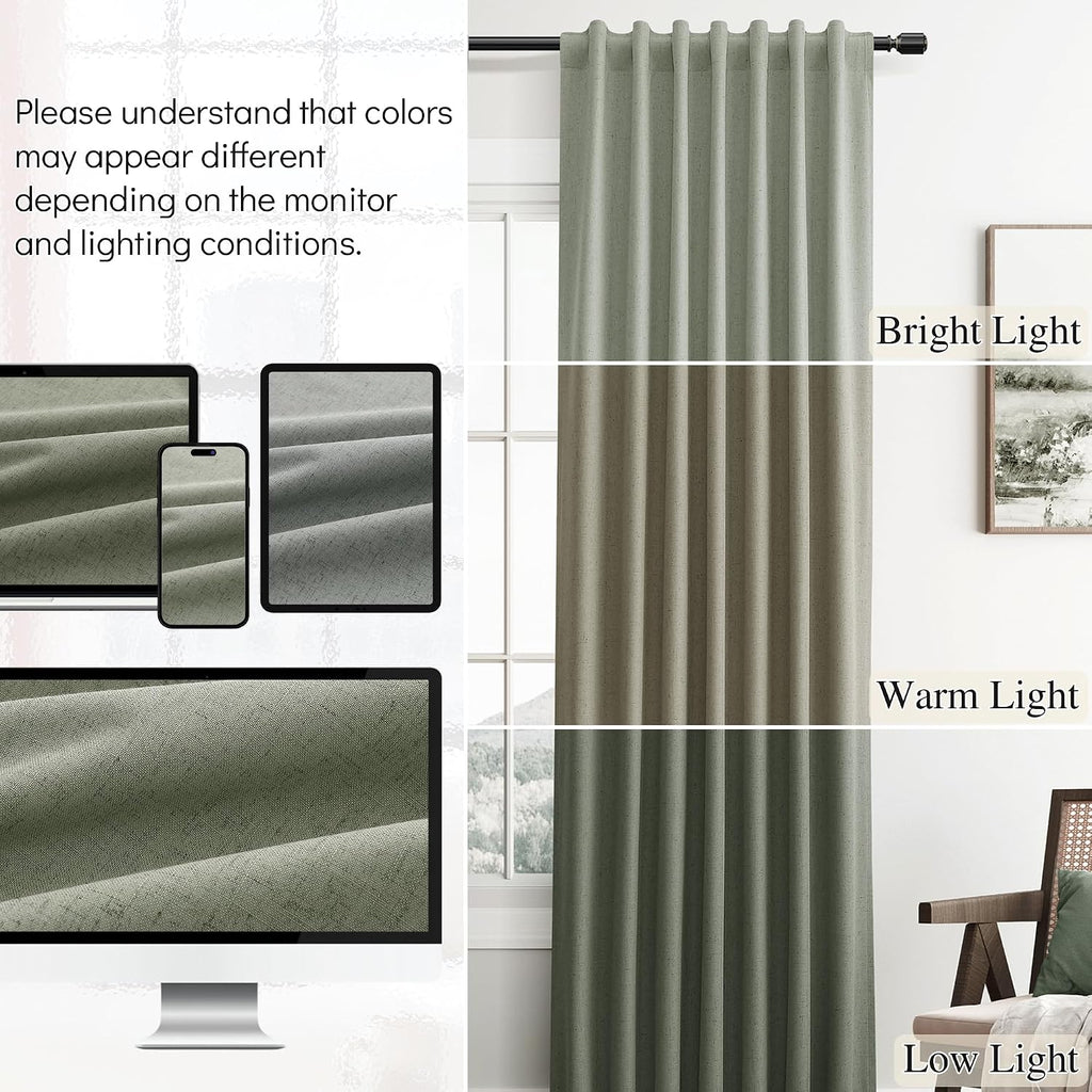Guken Sage Green Linen 100% Blackout Curtains 90 Inches Long for Bedroom Back Tab Elegant Country Farmhouse Black Out Room Darkening Therma…