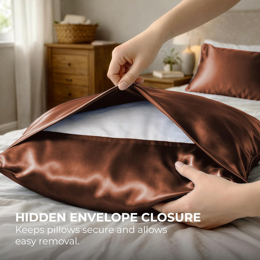 PureBedding Pure Bedding Satin Pillowcase 2 Pack - Queen Size (20"x30", Brown) - Silky Pillow Cases for Hair and Skin - Satin Pillow Covers…