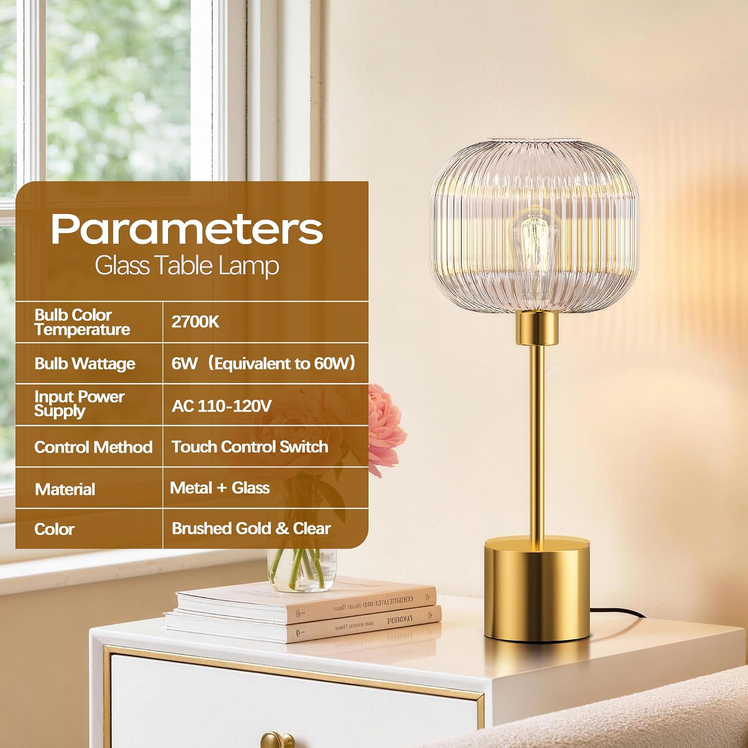 QiMH Glass Table Lamp for Living Room, Modern Bedside Lamp with Clear Ribbed Glass Shade, 3-Way Dimmable Touch Control Nightstand Lamp…