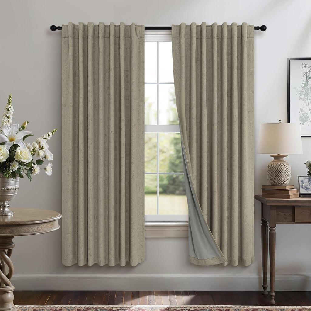 Pitalk Living Room Darkening Curtains 63 Inches Long Small Bay Window Blackout Soundproof Dining Room Curtains Rustic Farmhouse Linen Dark…