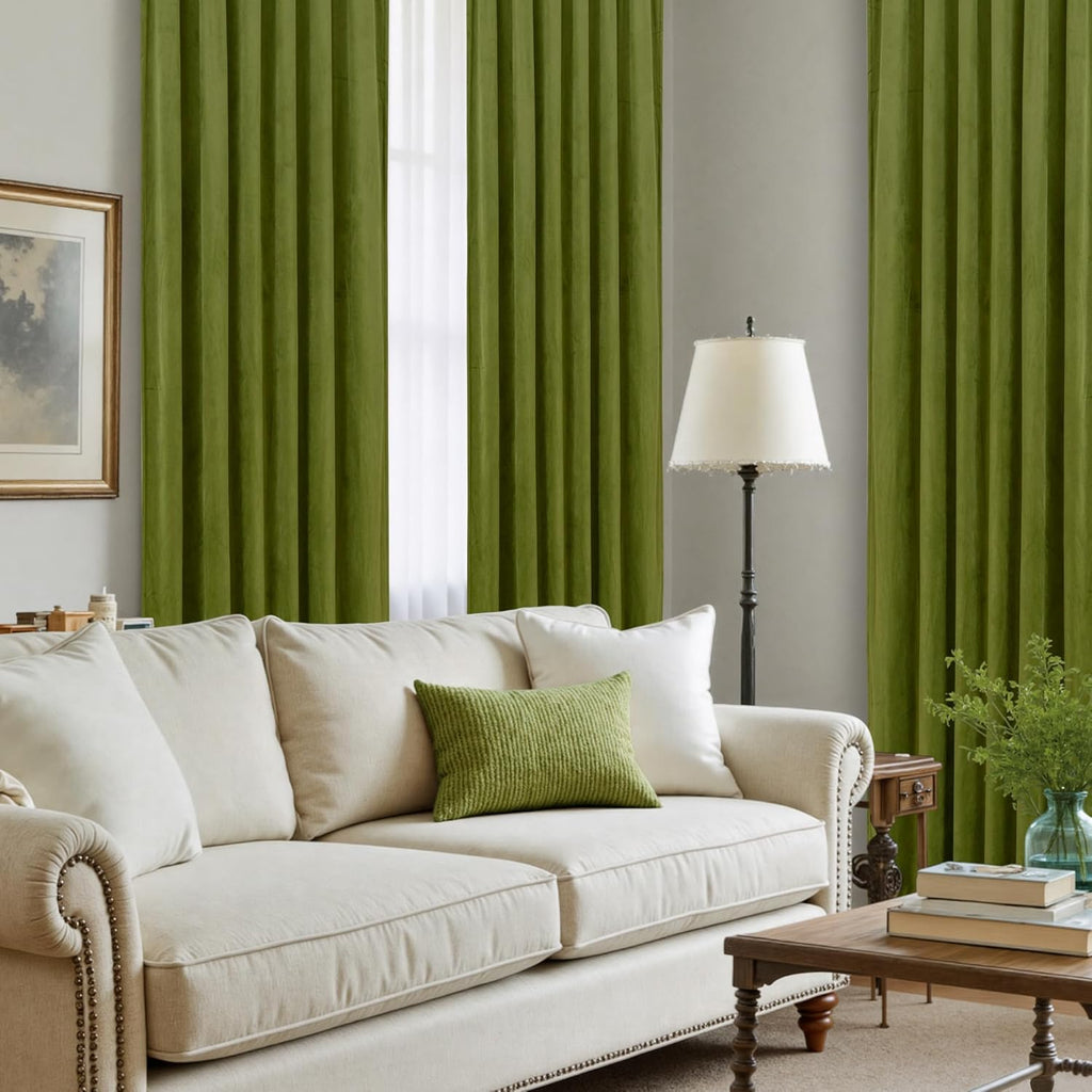 Lamit Moss Green Velvet Curtains for Living Room, 120 Inches Thermal Insulated Room Darkening Panels Super Soft Back Tab and Rod Pocket Win…