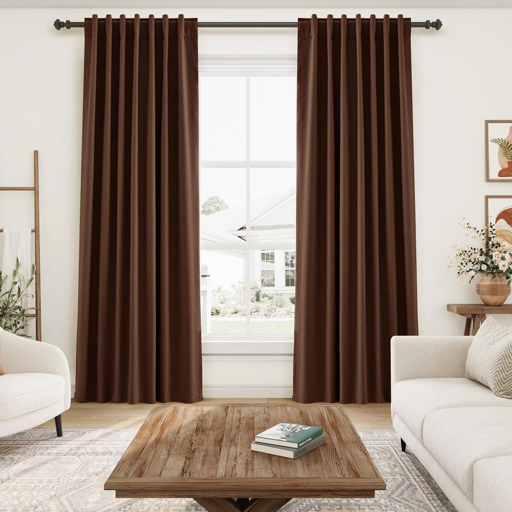 Nanspring Rustic Brown 100% Blackout Linen Curtains 108 Inches Long for Bedroom Back Tab Thermal Insulated Rustic Farmhouse Decor Black Out…