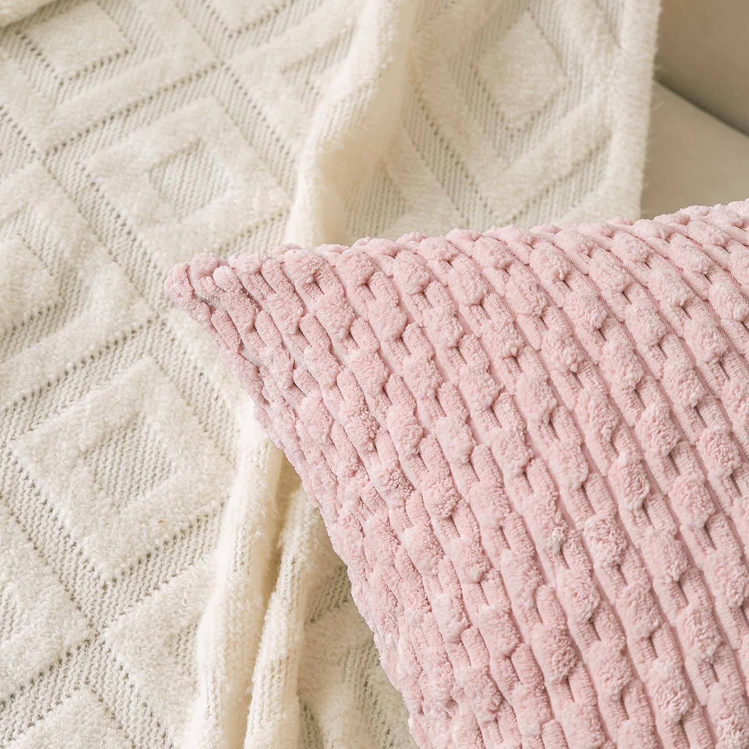 Cozoomy Set of 4 Pink Beige White Decorative Throw Pillow Covers 20x20 Inch Corduroy Pillow Covers for Bed Couch Sofa Living Room Soft Squa…