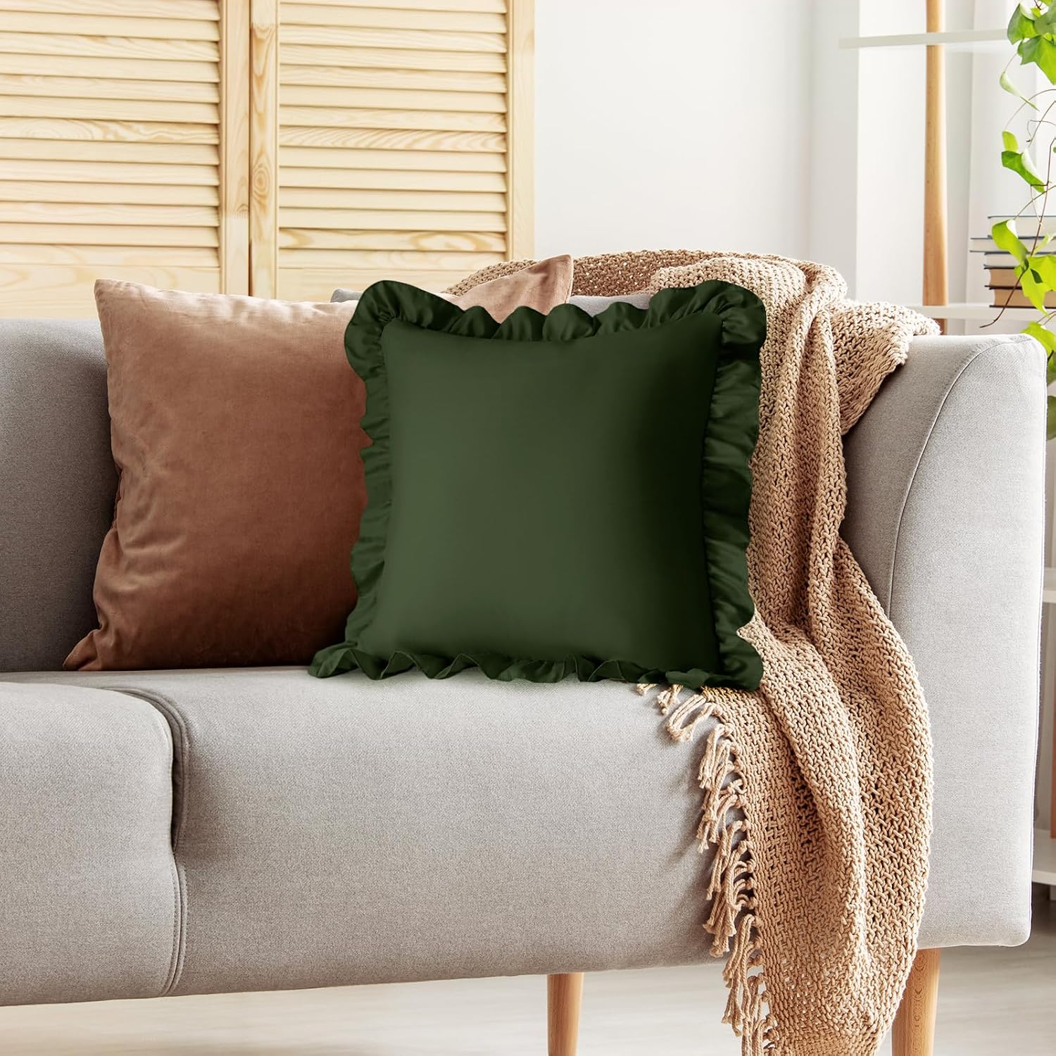 KKJIAF Ruffle Pillow Cases 18x18 Inches, Olive Green Square Ruffled Pillow Covers Set of 2, Microfiber Wrinkle Resistant Pillow Shams…