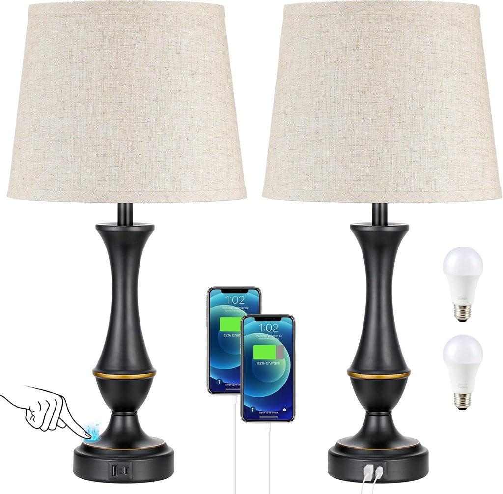 Seealle Upgraded Touch Lamps for Night Stands Set of 2 - Bedside Lamps with USB C+A, 3 Way Dimmable for Bedroom Living Room End Tables…